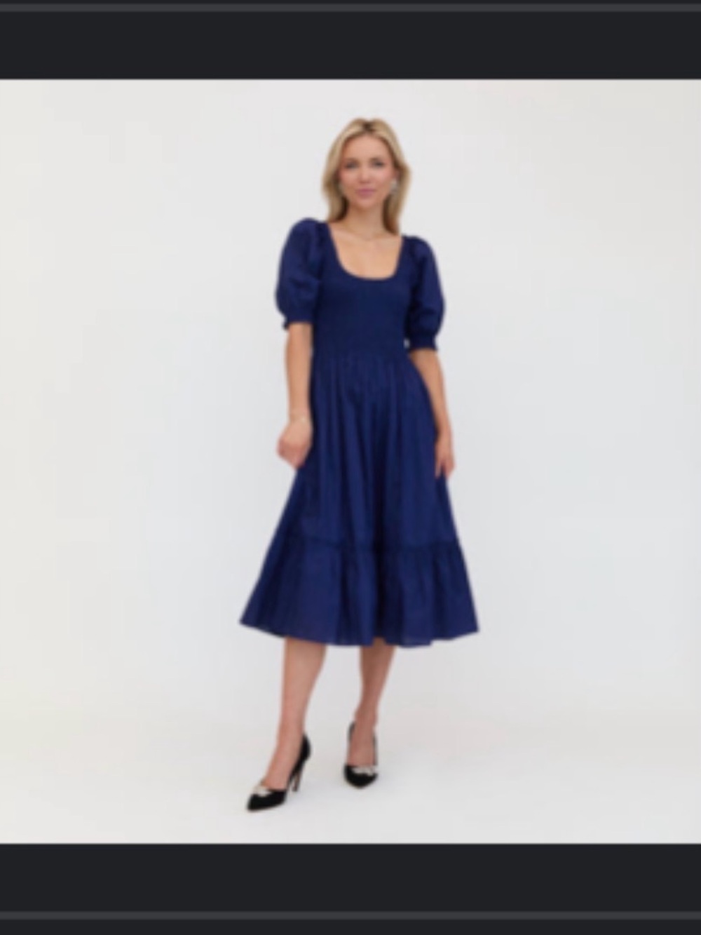 Hill House Navy Square-Neck Puff-Sleeve Midi Dress